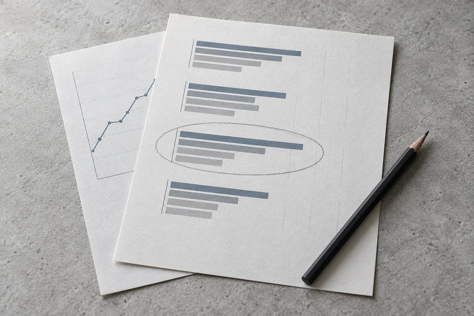 Two overlapping reports with comparison bars, one option circled in pencil, on a pale stone desk.