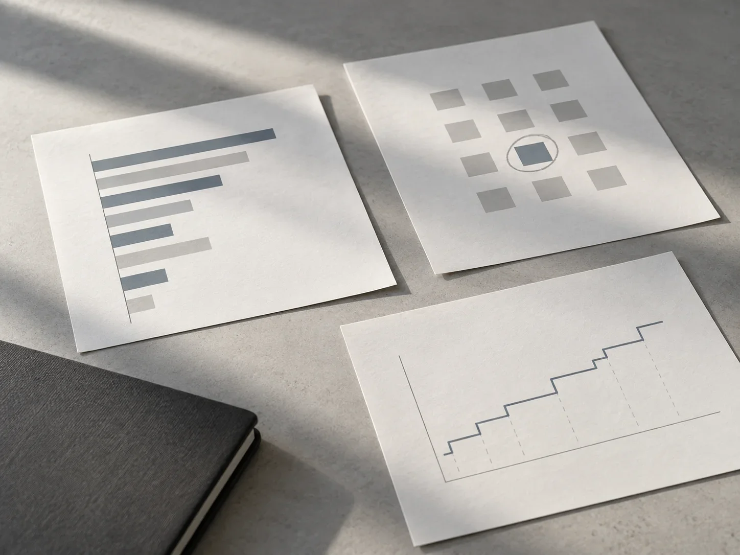 Illustrative comparison sheets with a bar chart, a prioritisation matrix and a planning graph.