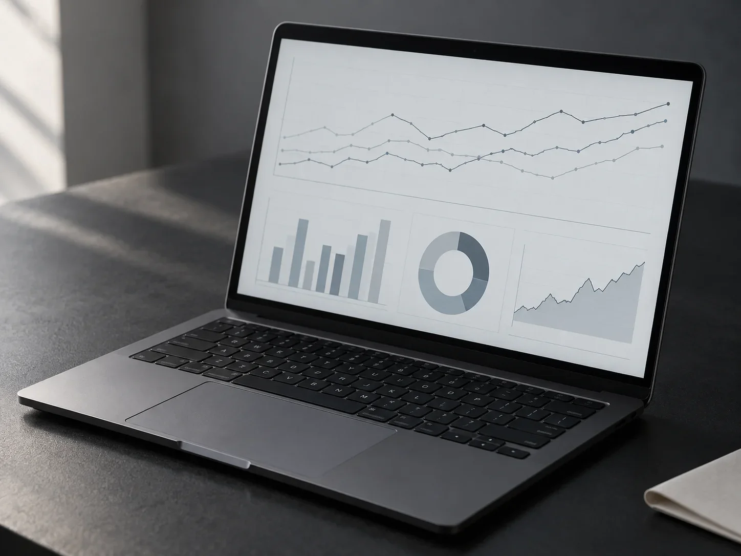 A laptop displaying illustrative trend lines and channel comparisons for a performance review.